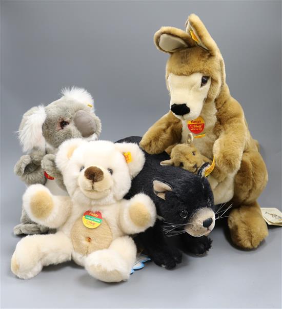 Four Steiff yellow tag toys:  Tasmanian Devil, a koala baby, Kanga Kangaroo and Paddy